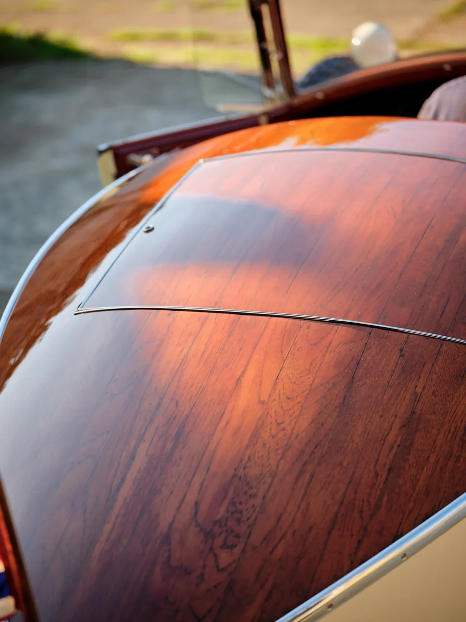 The restored teak deck of the Bentley's boat tail